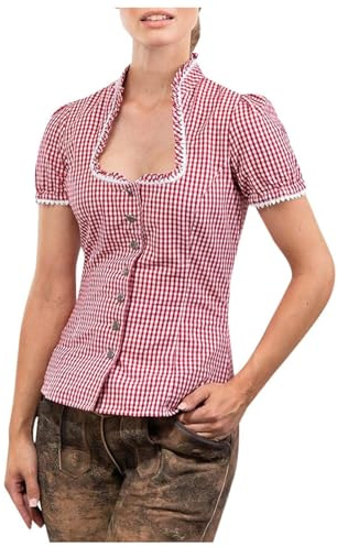 Pull festif avec paillettes - Chemisier bavarois Oktoberfest pour femme avec bordure en dentelle à carreaux et col en U - Manches courtes - Parfait pour les fêtes de la bière et comme chemisier blanc