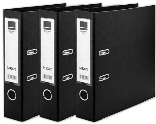 MKGT A4 Lever Arch File 75mm Spine – Heavy Duty Metal Lever Arch Mechanism, Strong Ring Binder Folder with Thumb Hole & Spine Label for Office, School & Home Filing (Black, Pack of 3)