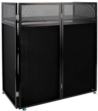 DJ Booth Table with Black & White Scrim, Foldable Metal DJ Stand with Cable Management & Carry Bag, 108 * 52 * 115CM Workstation for Mobile DJ, Wedding, Party, Event, DJ Controller, Laptop & Mixer