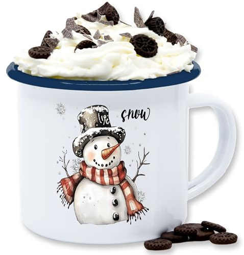 Emaille Tasse Blechtasse - Weihnachtstasse - Geschenk Weihnachten Schneemann Motiv Weihnachtsgeschenke Schneemann Geschenk Winter Geschenkidee Weihnachten I Wintermotiv - 300 ml - Weiß Blau