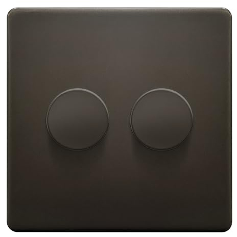 Evoges Terra 2-Gang LED Dimmer Switch, Slate Bronze Metal Screwless Flat Plate, 2-Way 250VA Trailing Edge / 100VA Leading Edge, Premium Wall Dimmer Switch