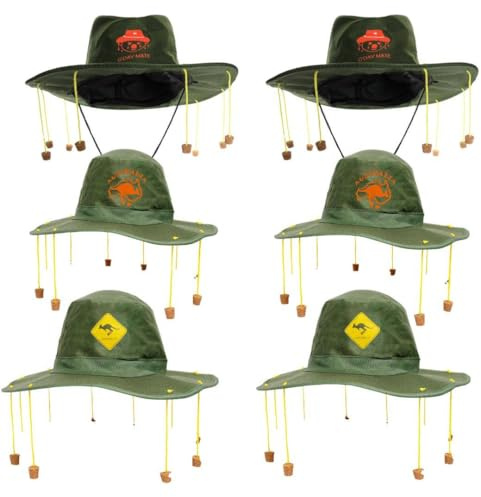 Australia Cork Hat - Pack of 6 – 3 Styles - Green Hats with Hanging Corks - Australian Fancy Dress Costume Accessory for Australia Day, Parties, Festivals