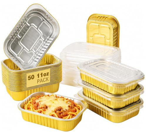 50 Pack Aluminum Foil Containers with Lids, 11 oz Mini Loaf Pans for Baking | Gold Aluminum Foil Trays for Meal Prep, Desserts, Takeaway Portions and Individual Servings