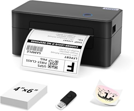 LFPERT DB402 Etikettendrucker DHL - 4x6 Versandetiketten Thermodrucker USB | für Shopify, Etsy, DHL, DPD, GLS, UPS, mit 20 Etiketten - Labeldrucker Kompatibel mit Windows, Mac, Linux, Chrome,Tiefschwarz