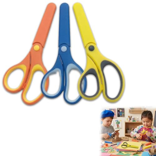 wilcractk Kinderschere für Links und Rechtshänder 3 Stück Mit Edelstahlklingen Und Rundspitze, Orange Blau Gelb, Für Schule, Basteln Und Grundschule Kinder