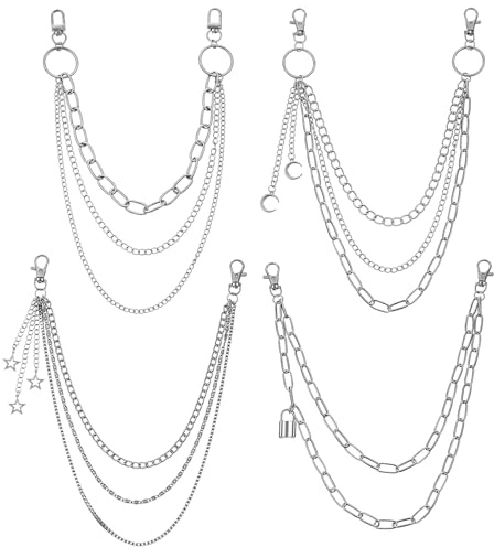 Molain 4 Stück Hosenkette Set, Hosenkette Herren Damen, Punk Rocker Wallet Chains, Kette Edelstahl Silber Gothic Accessoires
