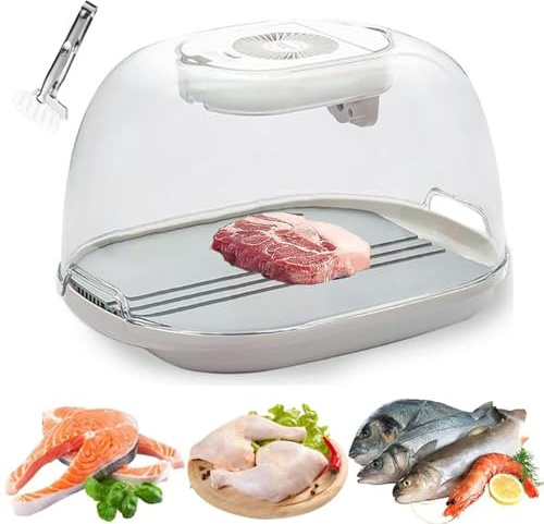 Descongelador eléctrico de carne con circulación de aire de 360° para descongelar rápidamente, incluye bandeja de descongelación, bandeja de goteo y cubierta para carne, pescado y verduras