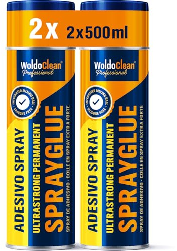 WoldoClean Colla Spray per Cielo Auto e Gommapiuma - 2 x 500ml adesivo spray extra forte, resistente al calore e trasparente, ad asciugatura rapida per tessuto, feltro, pelle e legno