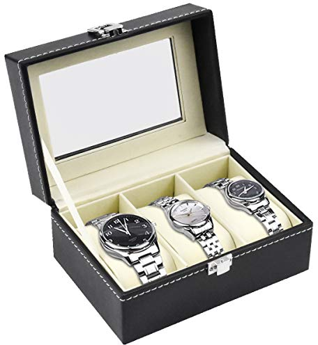 HQdeal Cofre de Relojes 3 Relojes PU Grandes Compartimentos Ventana Transparente Soft Cojines Negros