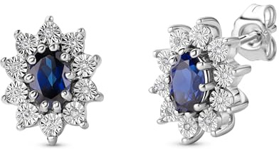 Miore Boucles d'Oreilles Femme, clous d'oreilles, Argent Sterling 925, Saphir bleu 1,20 ct et diamants 0,05 ct, Design grappe ovale, Fermoir poussette, Bijoux Femme avec Boîte à Bijoux