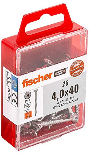 fischer Power-Fast FPF-SZ 4,0 x 40 A2P, Premium Spanplattenschraube mit Senkkopf und Teilgewinde, zur Befestigung von tragenden Bauteilen in Holz, nicht rostender Stahl, 25 Stück