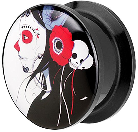 Piersando Ohr Plug Piercing Kunststoff Motiv Comic Picture Flesh Tunnel Ohrplug mit Dead Girl Blumen Schwarz 22mm