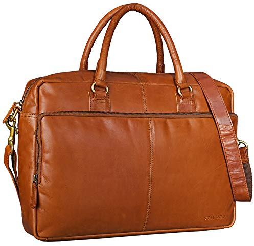 STILORD 'Aaron' Umhängetasche Leder 15,6 Zoll Laptoptasche Aktentasche Bürotasche Unitasche mit Schultergurt Business Vintage, Farbe:cognac - glänzend