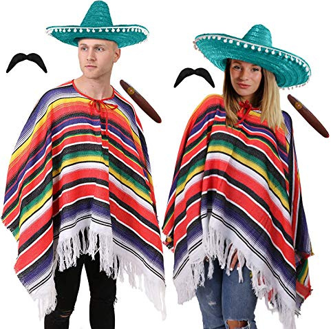 ADULTS MEXICAN WILD WEST COUPLES FANCY DRESS COSTUME - 2X DELUXE STRIPED PONCHO, 2X POM POM EDGING SOMBRERO, 2X JUMBO PLASTIC CIGARS, 2X BLACK STICK ON TASH - PERFECT FOR MENS AND LADIES AROUND THE WORLD, MEXICAN, WILD WEST FANCY DRESS PARTIES