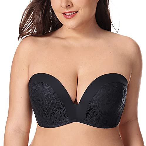 Delimira Women's Strapless Bra Padded Push Up Underwired Support Lift Plus Size Lace Bandeau Bra Black 38F