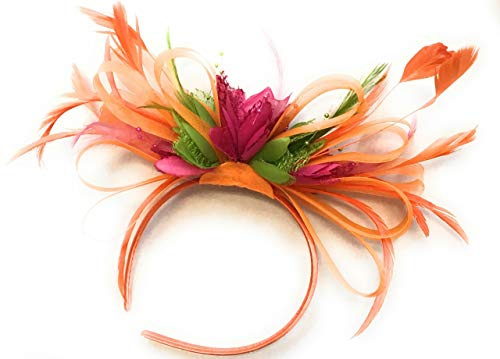Orange, Fuchsia Hot Pink and Lime Green Net Hoop Feather Hair Fascinator Headband Wedding Royal Ascot Races