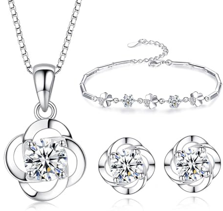 Kamise Schmuckset Damen Silber, 925 Sterling Silber Klee Halskette Ohrstecker Armband Set, Anhänger mit 45cm Silberkette & Ohringestecher & Armkette mit Weiß Zirkonia, schmuckset mit Geschenkbox