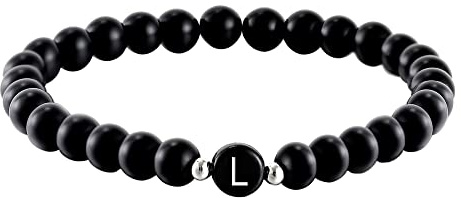 Kim Johanson Partner Perlenarmband mit Buchstabe aus Onyx Stein für Pärchen I Naturstein Freundschaftsarmband in Schwarz I Geschenk für Paare mit Gravur I Für Frauen und Männer inkl. Schmuckbeutel