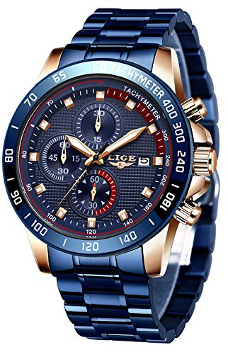 LIGE Herren Uhren Wasserdichter Sport Chronograph Analoge Quarzuhr Edelstahl Business Armband Armbanduhr Blau Herrenuhr