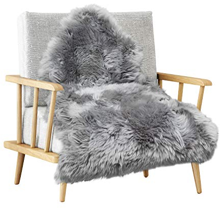 MH MYLUNE HOME Lammfell Teppich Schaffell echt 90 x 60cm schafsfelle grau weiche und Flauschige Decke Sitzfell Bett-Vorleger oder Matte für Wohnzimmer Stuhl Sofa