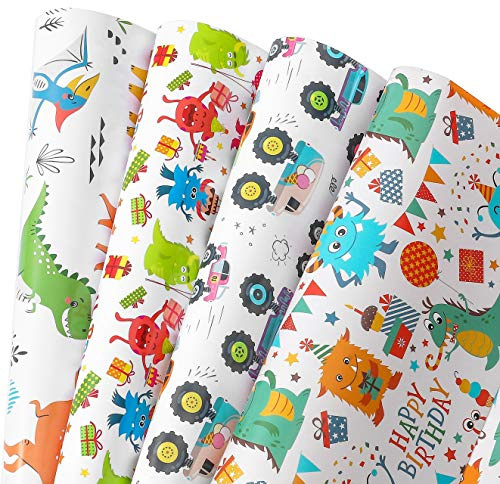 Camkuzon Geburtstags-Geschenkpapier für Jungen, Mädchen, Kinder – 4 niedliche Designs, inklusive Monster, Auto, Dinosaurier-Geschenkpapier für Urlaub, Party, Babyparty, 10 Blatt, 50,8 x 76,2 cm pro