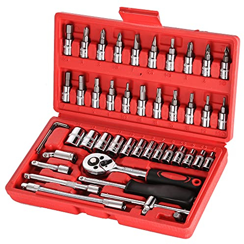 Wopeite Jeu de Douille Chrome Vanadium 1/4 Adaptateur Jeu Coffret Douille pour Voiture Bricolage 46 pièces Rouge
