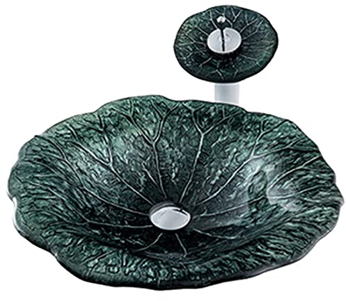 DRSM Waschbecken Aus Gehärtetem Glas Mit Lotusblatt, Art Aufsatzwaschtisch Set, Gehärtetes Glas Waschbecken, Mit Wasserfall Wasserhahn Montagering Und Abflussrohr,C