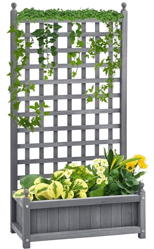 Outsunny Hochbeet Pflanzkasten mit Rankgitter Blumenkasten Rankkasten Rosenbogen mit Rankhilfe für Kletterpflanzen Garten Holz Grau 64 x 28 x 120 cm