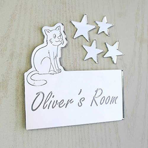 Laserables Personalised Cat Mirror Door Name Plaque Boy Girls Bedroom Room Sign