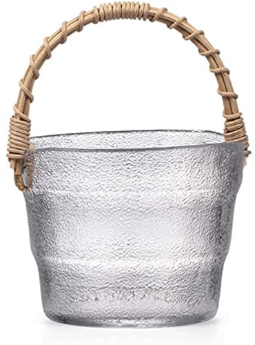 Glass Clear Ice Bucket, Japanese Style Portable Ice Buckets with Rattan Handle, Multipurpose Mini Icy Cold Drinks Container