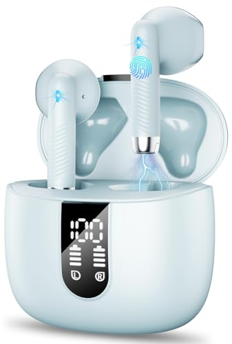 Écouteurs intra-auriculaires Bluetooth 5.3 sans fil avec 4 microns, basses profondes 48 h, affichage LED, écouteurs Bluetooth avec réduction du bruit ENC, étanche IP7, USB-C