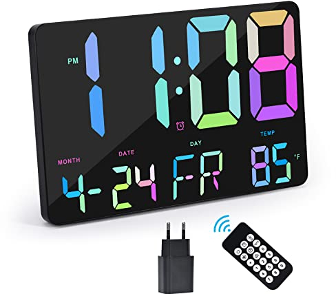 Orologio digitale con grande display, orologio da parete digitale da 11.5 con telecomando senza fili, orologio da parete a LED con datario, 12/24 ore, adattatore, sveglia per casa, cucina, anziani