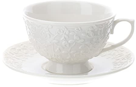 HERVIT Tazza da tè e piattino in porcellana bianca con decoro in rilievo Romance