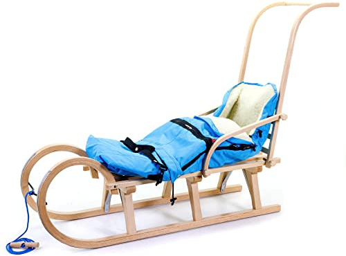 HolzFee Baran S 110 Schlitten Baby | Babyschlitten mit Schiebelehne und Fußsack XL (Blau)
