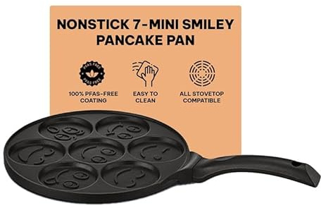 KitchenFun Mini Crepe Maker 10.2, Non Stick Pancake Pan for 7 Smiley Mini Pancakes, Mini Pancake Griddle for Kids, Pancake Mold for 7 Unique Flapjacks, Aluminium Mini Pancake Maker