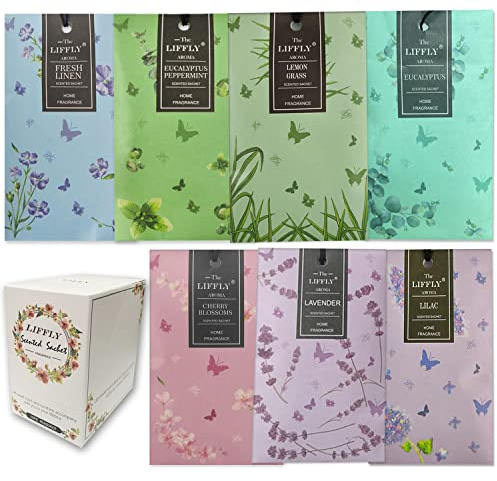 LIFFLY 14 Packs Scented Sachets Bags for Drawers and Closets Long-Lasting Home Fragrance Sachet Lavender Cherry Blossoms Lilac Fresh Linen Eucalyptus Peppermint Lemongrass 7 Scent Gift Box