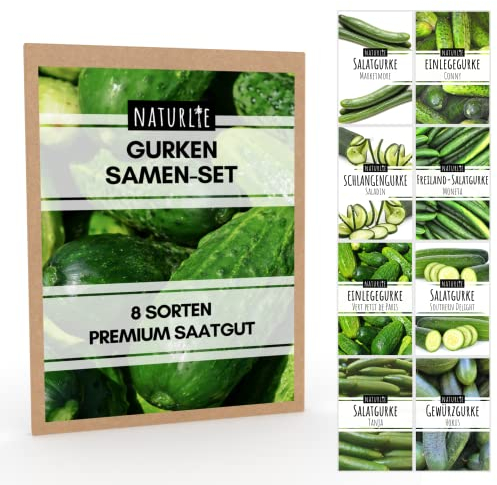 8er Gurken Samen Set von Naturlie, 8 Sorten Gurkensamen im Saatgut Set mit Freilandgurken, Einlegegurken, Gewürzgurken - Gurkensaatgut für Balkon, Garten, Gewächshaus - Premium Gurkensaatgut