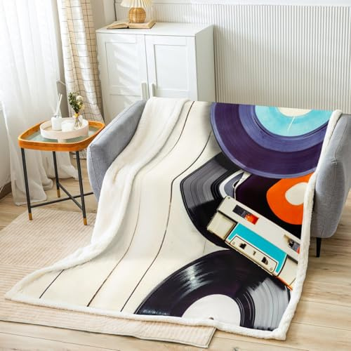 Vintage Musical Throws Blanket,80s Retro Tape Record Print Sherpa Blanket for Girls Teens, Audio Cassette Music Art Style Microfiber Fleece Blanket Room Decor, Throw Size (50 x 60 Inch)