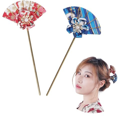 Elegantes japanisches Haarnadel Set mit Fächern für Damen | 2 Stk. asiatische Haarnadeln aus Metall | Haarschmuck für Kimono | 11cm | Rot, Blau