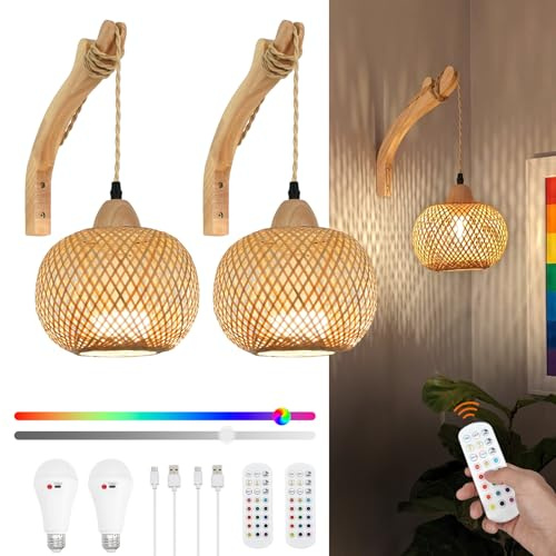 Frideko Boho Rechargeable Battery Operated Wall Sconces Set of Two with Remote, RGB 15 Colors Dimmable Wireless Wall Light, Bamboo Indoor Wall Lamp with 3 Timer, Rattan Wall Lighting for Bedroom