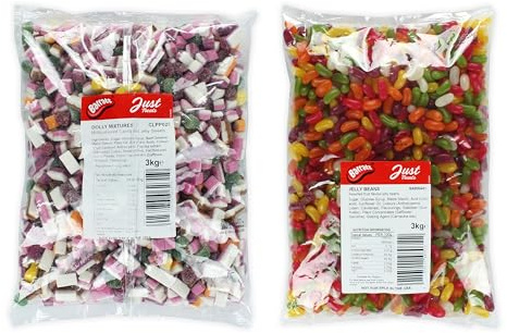 Vintage Retro Dual Pack: Bulk Bags of Classic Nostalgic Treats - Dolly Mixtures 3kg and Jelly Beans 3kg - 4,9