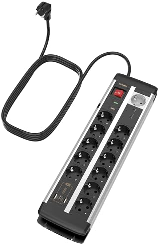 UCOMEN Master Slave Ciabatta elettrica 12 prese con protezione da sovraccarico, interruttore e protezione da sovratensione, 20 W USB A e USB C, cavo da 2 m, montaggio a parete, presa multipla 16