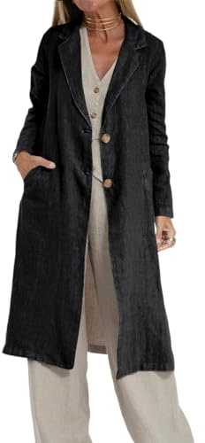 IDEALSANXUN Long Linen Blazer Women 2026 Casual Lightweight Spring Jackets Summer Blazer Midi Length Trench Coat Cardigan Tops, Black, M