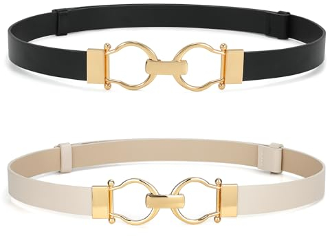 WHIPPY 2 Stück Leder Gürtel Damen dünne Ledergürtel schmaler Taillengürtel für Kleid Verstellbarer mit Gold Schnalle，schwarz+beige，105cm