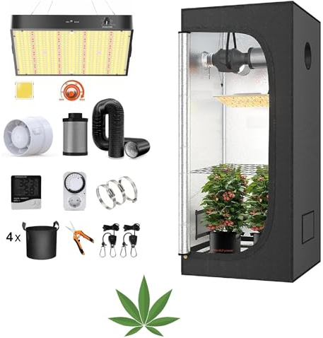 JUNG Growbox Komplettset Anbau Set mit LED Vollspektrum Grow Lampe Dimmbar, 120x120x200 cm, mit Ventilator, Abluft Aktivkohlefilter, Growzelt Anzucht Gewächshaus, Grow Tent Complete Set