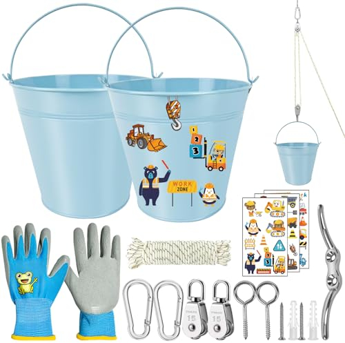 TZEKING Flaschenzug Kinder,Flaschenzug mit 2 Metalleimer,Riemenscheibe mit Eimerkabel,Zubehör fürs Baumhaus Spielturm,Kinder-Riemenscheibensystem Spielturm Zubehör,Spielzeug für ab 3 Jahren