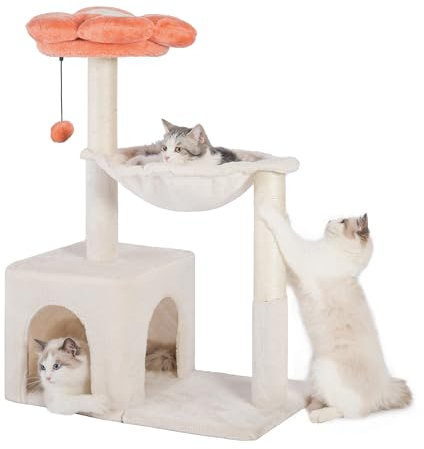Pawfessor Árbol de flores para gatos grandes, bonita torre para gatos de 32.6 pulgadas, poste rascador para gatos con hamaca grande de 15.7 pulgadas y condominio, percha de flores extraíble y bola