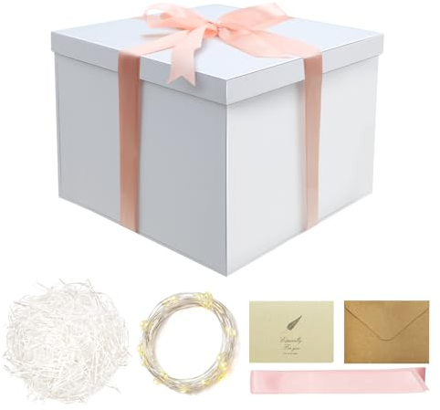 Weiß Geschenkbox mit Deckel 23 x 23 x 18 cm Geschenkkarton Groß Tiefe Geschenkverpackung mit Grußkarten,Raffia Hamper Shreds,LED-Lichterkette für Geburtstag Babydusche Valentinstag Muttertag