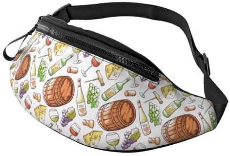 Sac banane à bandoulière pour homme et femme – Rouge vin, fromage, raisin, sac banane de course à pied, sac banane de voyage pour homme et femme