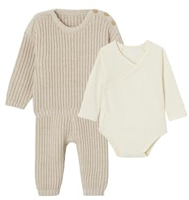 Vertbaudet Unisex Baby-Set: Pullover, Strickhose & Wickelbody beige meliert 50